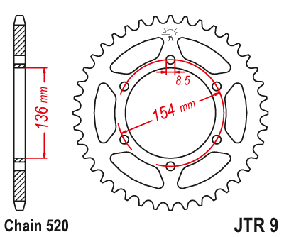 Lánckerék hátsó JTR9.47, 520-as lánchoz. Fogszám: 47,