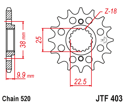Lánckerék első JTF403.15, 520-as lánchoz. Fogszám: 15