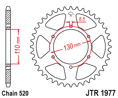 Lánckerék hátsó JTR1977.45, 520-as lánchoz. Fogszám: 45