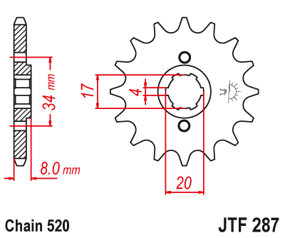 Lánckerék első JTF287. 520-as lánchoz. Illusztráció VÁLASZTÉKOT LÁSD A KÉP ALATT!