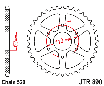 Lánckerék hátsó JTR890. 520-as lánchoz. Illusztráció VÁLASZTÉKOT LÁSD A KÉP ALATT!