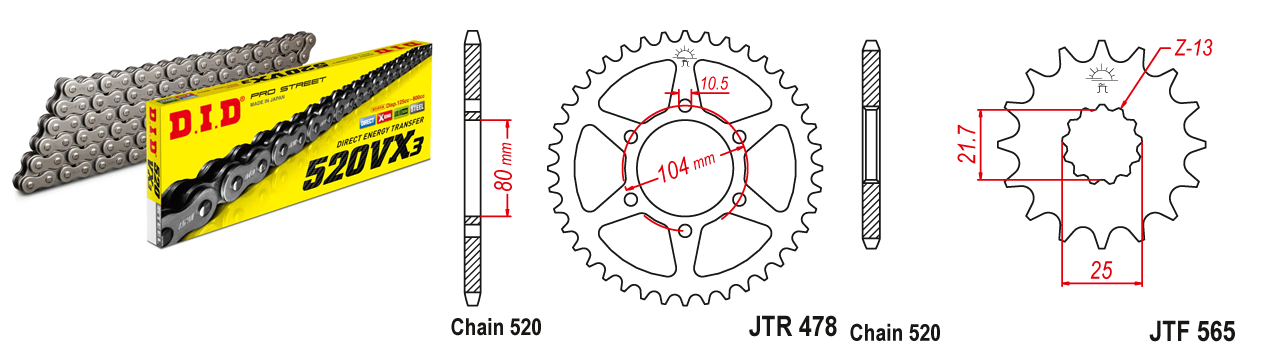 Lánc szett JTF565.15, DID520VX3/114FB JTR478.46, DID 520-as láccal, 100LE-ig!
