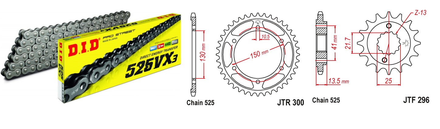 Lánc szett JTF296.15, JTR300.48, DID525VX3/118 DID 525-ös láccal, 125LE-ig!