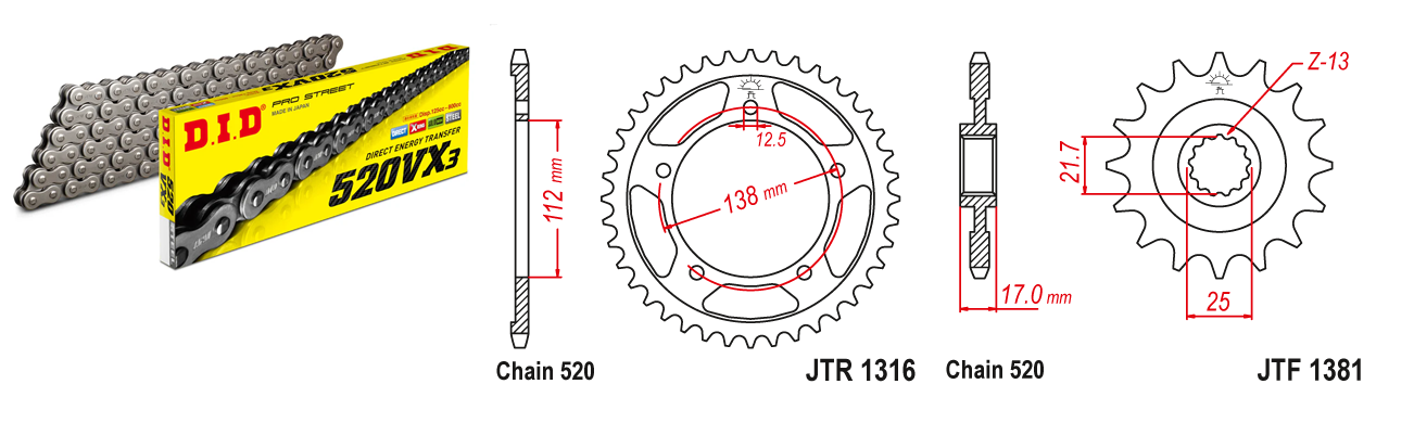 Lánc szett JTF1381.15, JTR1316.41, DID520VX3/112FB DID 520-as láccal, 100LE-ig!