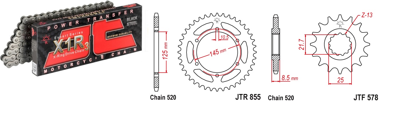 Lánc szett JTF578.16, JTR855.46, JTC520X1R3/112DL JT 520-as láccal, 70LE-ig!