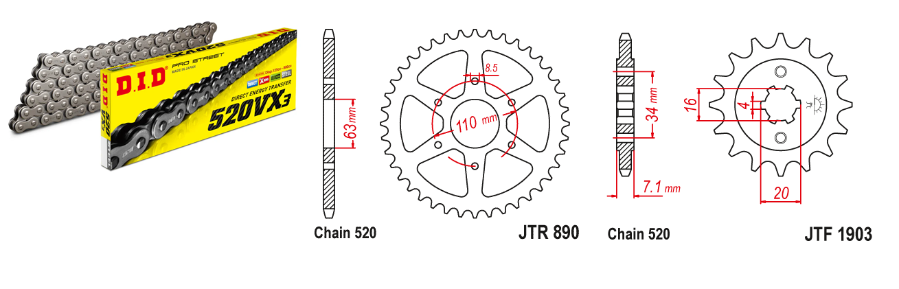 Lánc szett JTF1903.14, JTR890.45ZBK, DID520VX3/112FB DID 520-as láccal, 100LE-ig!