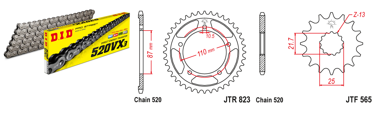 Lánc szett JTF565.16, JTR823.39, DID520VX3/110FB DID 520-as láccal, 100LE-ig!