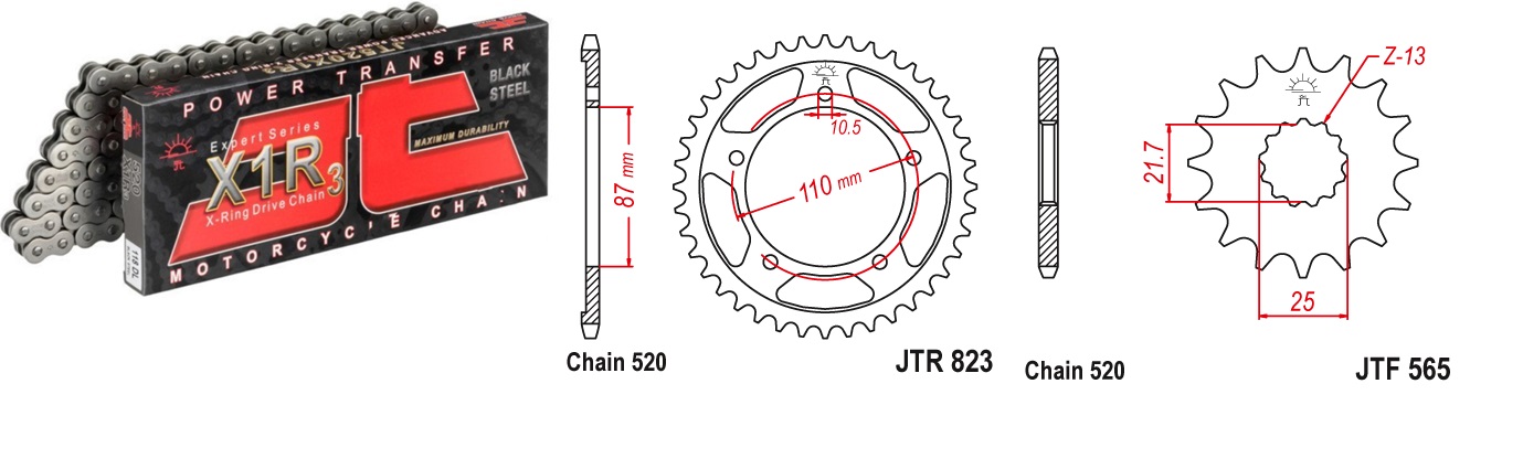 Lánc szett JTF565.16, JTR823.39, JTC520X1R3/110DL JT 520-as láccal, 70LE-ig!