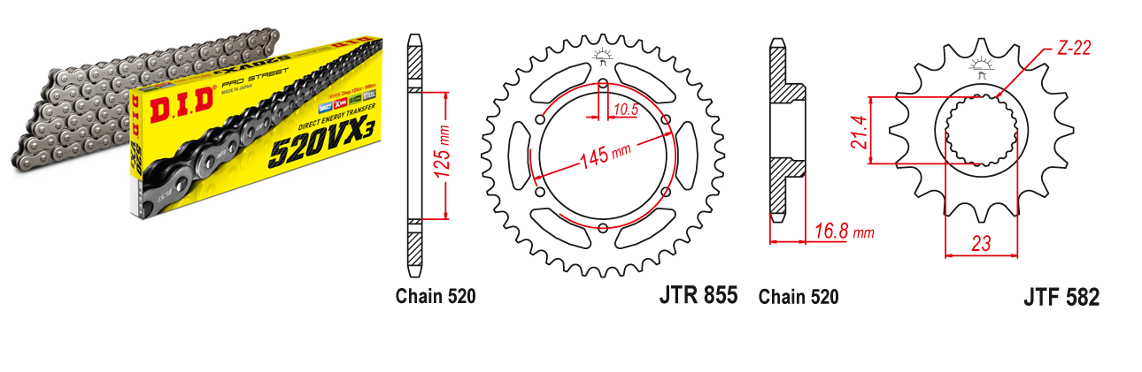 Lánc szett JTF582.16, JTR855.48, DID520VX3/110FB DID 520-as láccal, 100LE-ig!