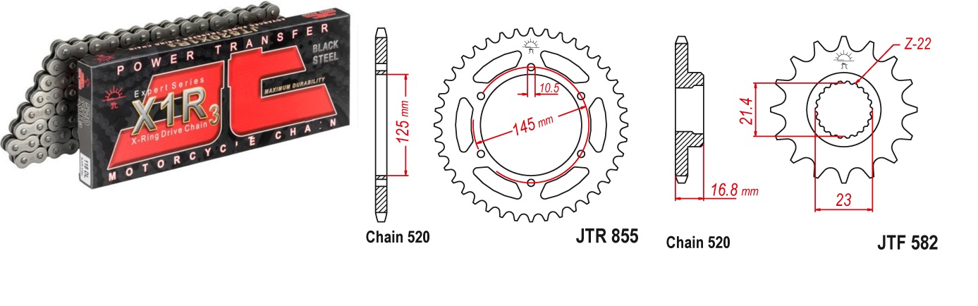 Lánc szett JTF582.16, JTR855.48, JTC520X1R3/110DL JT 520-as láccal, 70LE-ig!