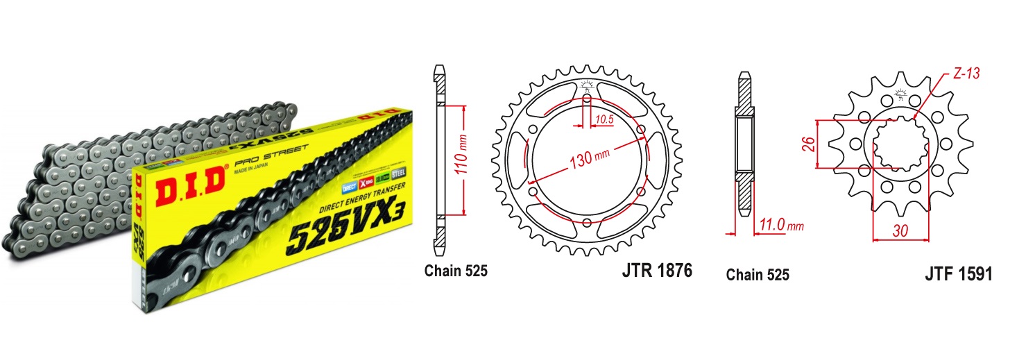 Lánc szett JTF1591.16, JTR1876.43, DID525VX3/108 DID 525-ös láccal, 125LE-ig!