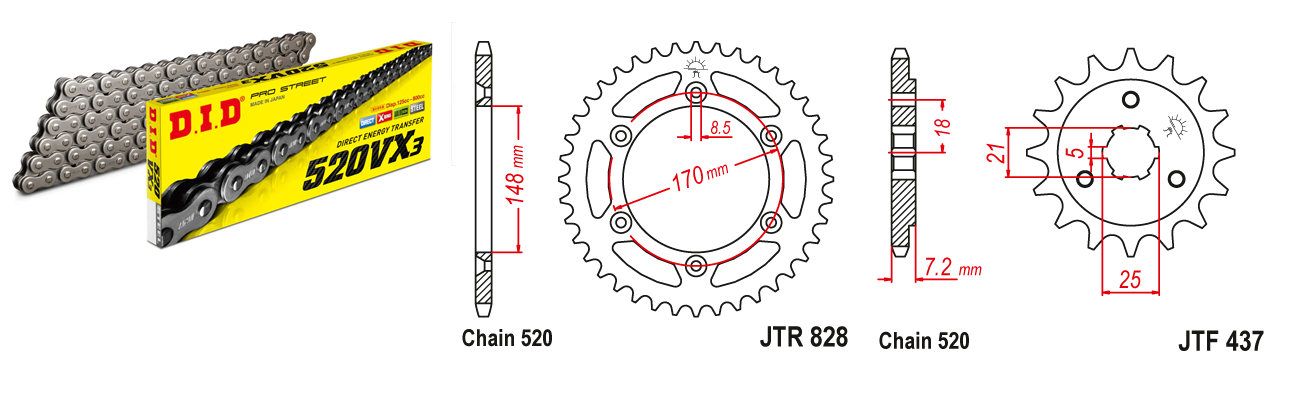 Lánc szett JTF437.16, JTR828.42, DID520VX3/114FB DID 520-as láccal, 100LE-ig!