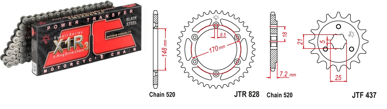 Lánc szett JTF437.16, JTR828.42, JTC520X1R3/114DL JT 520-as láccal, 70LE-ig!