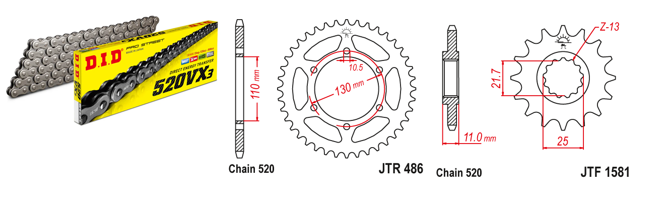 Lánc szett JTF1581.16, JTR486.46, DID520VX3/118FB DID 520-as láccal, 100LE-ig!