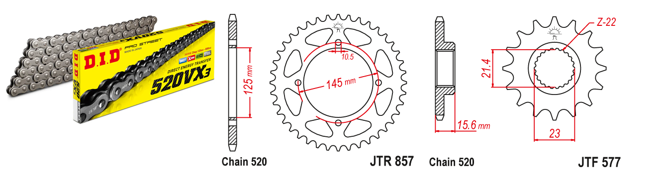 Lánc szett JTF577.15, JTR857.45, DID520VX3/106FB DID 520-as láccal, 100LE-ig!