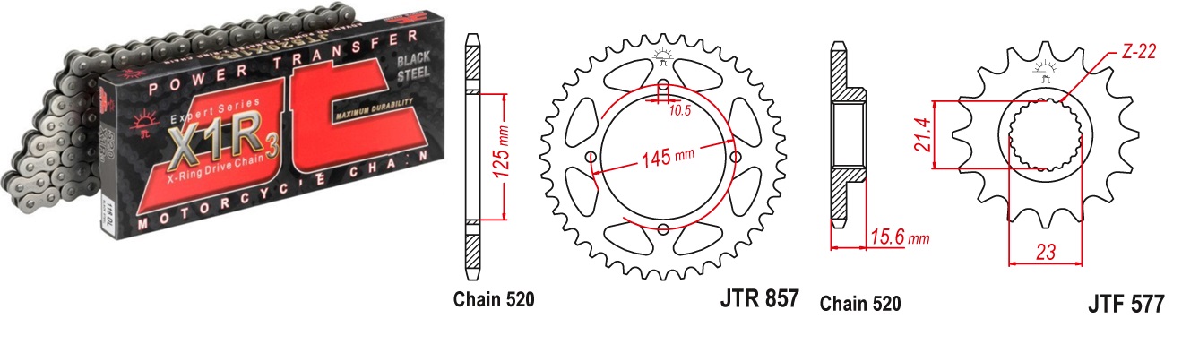 Lánc szett JTF577.15, JTR857.45, JTC520X1R3/106DL JT 520-as láccal, 70LE-ig!