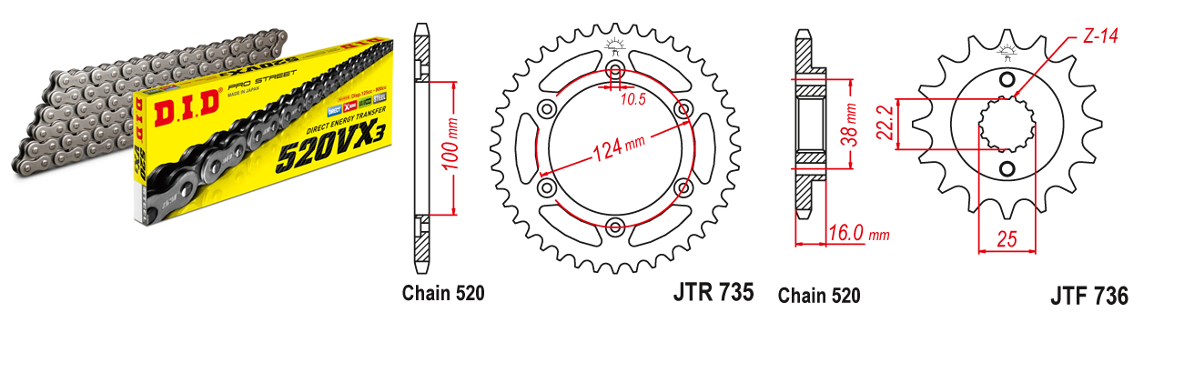 Lánc szett JTF736.15, JTR735.37, DID520VX3/098FB DID 520-as láccal, 100LE-ig!
