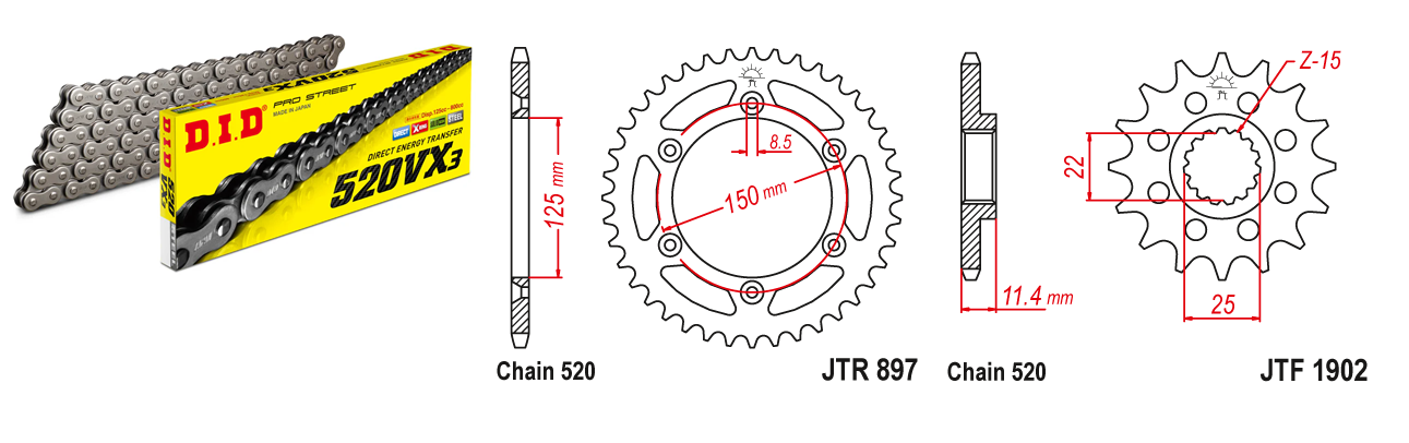 Lánc szett JTF1902.16, JTR897.42, DID520VX3/118FB DID 520-as láccal, 100LE-ig!