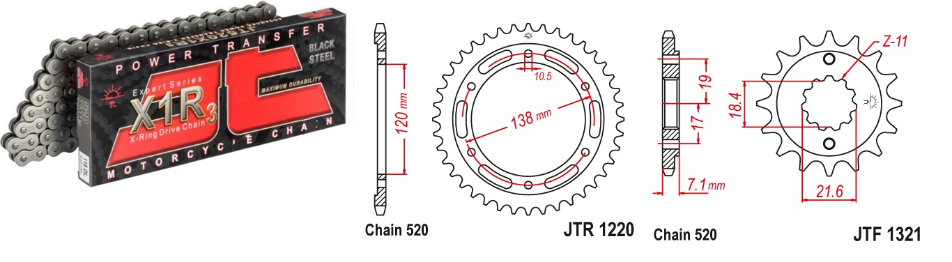 Lánc szett JTF1321.14, JTR1220.38, JTC520X1R3/108 JT 520-as láccal, 70LE-ig!