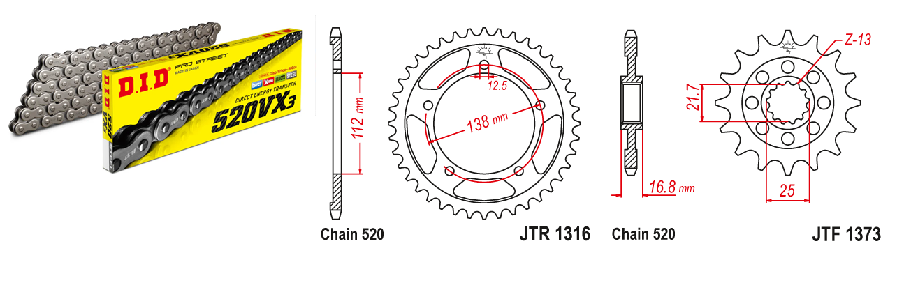Lánc szett JTF1373.17, JTR1316.39, DID520VX3/112FB DID 520-as láccal, 100LE-ig!