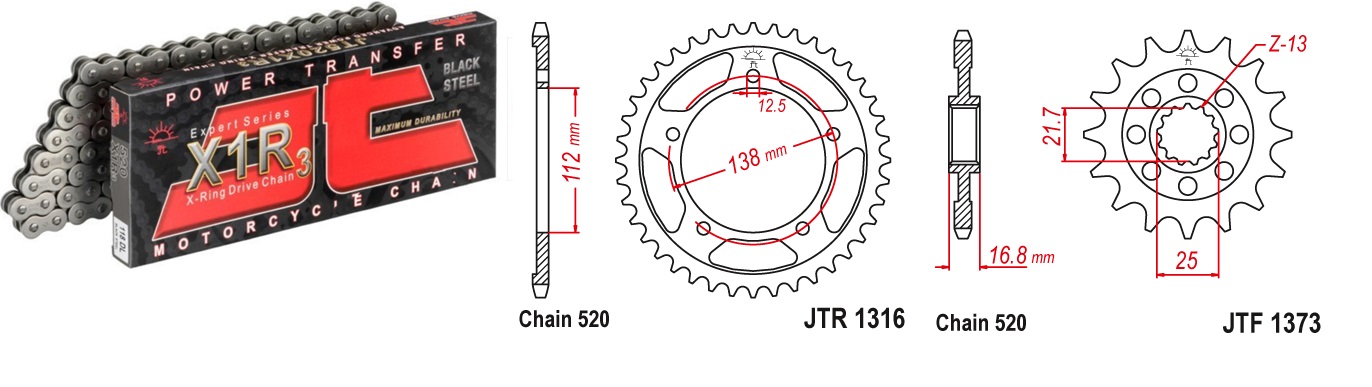Lánc szett JTF1373.17, JTR1316.39, JTC520X1R3/112DL JT 520-as láccal, 70LE-ig!