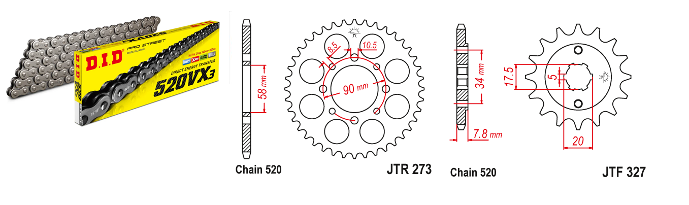 Lánc szett JTF327.14, JTR273.44, DID520VX3/110FB DID 520-as láccal, 100LE-ig!