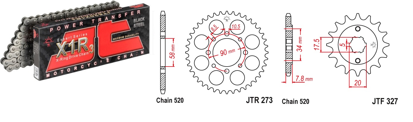 Lánc szett JTF327.14, JTR273.44, JTC520X1R3/110DL JT 520-as láccal, 70LE-ig!