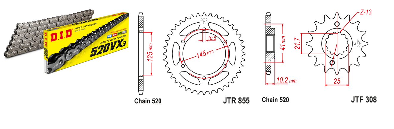 Lánc szett JTF308.15, JTR855.47, DID520VX3/112FB DID 520-as láccal, 100LE-ig!