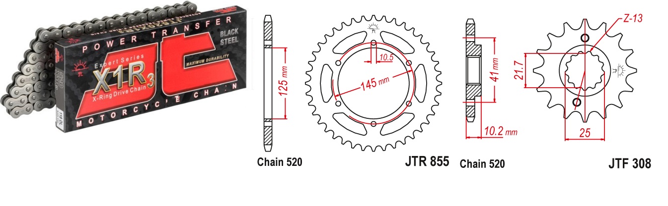 Lánc szett JTF308.15, JTR855.47, JTC520X1R3/112DL JT 520-as láccal, 70LE-ig!