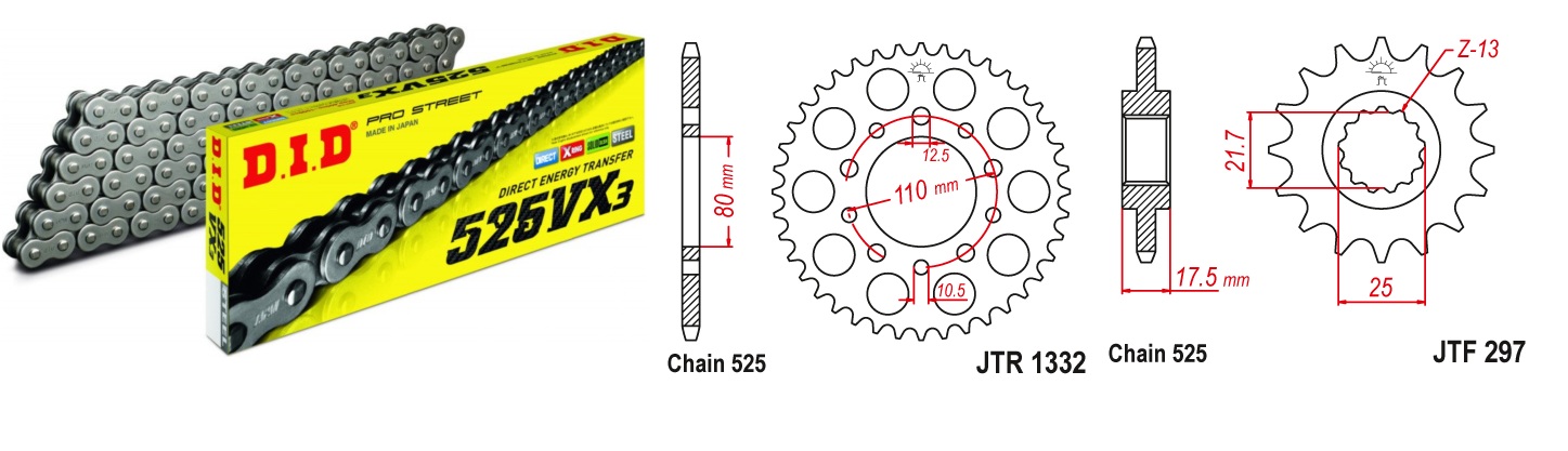 Lánc szett JTF297.15, JTR1332.40, DID525VX3/108 DID 525-ös láccal, 125LE-ig!