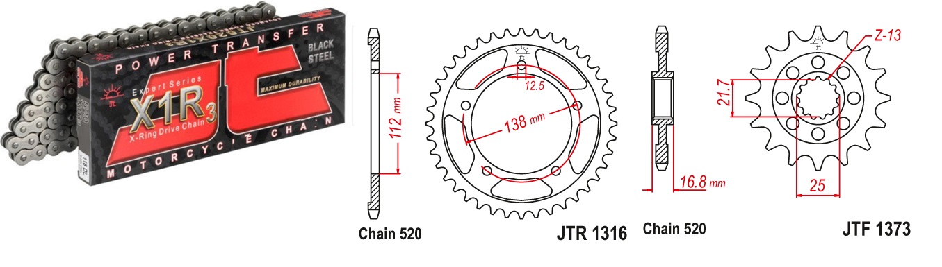 Lánc szett JTF1373.16, JTR1316.43, JTC520X1R3/114DL JT 520-as láccal, 70LE-ig!
