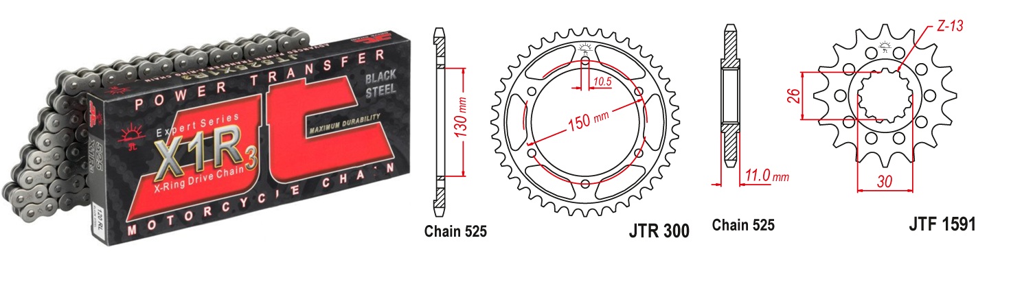 Lánc szett JTF1591.16, JTR300.42, JTC525X1R3/118RL JT 525-ös láccal, 90LE-ig!