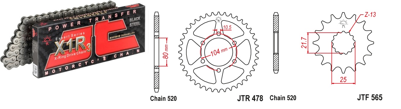 Lánc szett JTF565.15, JTR478.46, JTC520X1R3/114DL JT 520-as láccal, 70LE-ig!