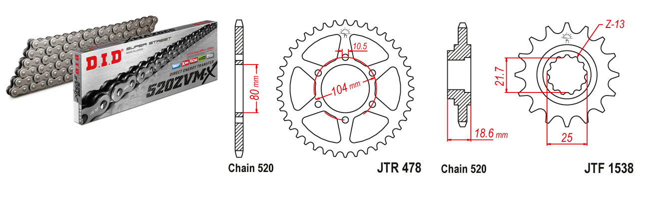 Lánc szett JTF1538.15, JTR478.43, DID520ZVMX/112 DID 520-as láccal, 100LE-felett!
