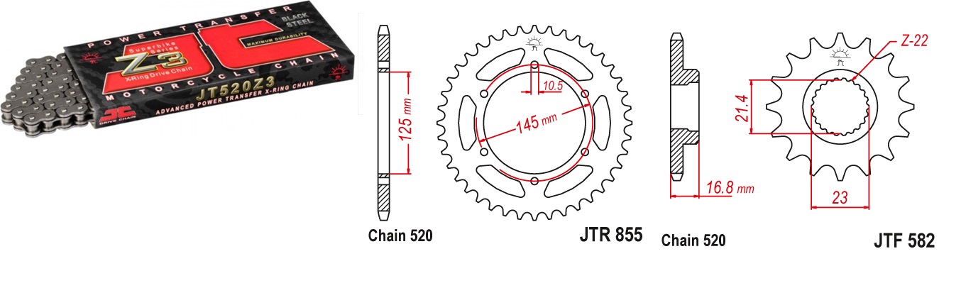 Lánc szett JTF582.16, JTR855.48, JTC520Z3/110RL JT 520-as láccal, 100LE-ig!