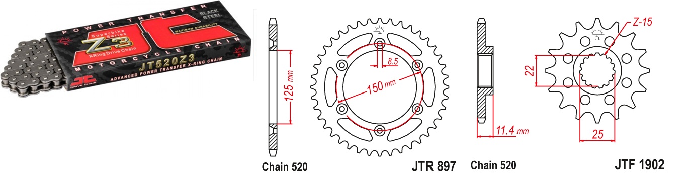Lánc szett JTF1902.16, JTR897.40, JTC520Z3/114RL JT 520-as láccal, 100LE-ig!