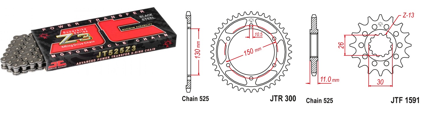Lánc szett JTF1591.16, JTR300.42, JTC525Z3/118RL JT 525-ös láccal, 120LE-ig!