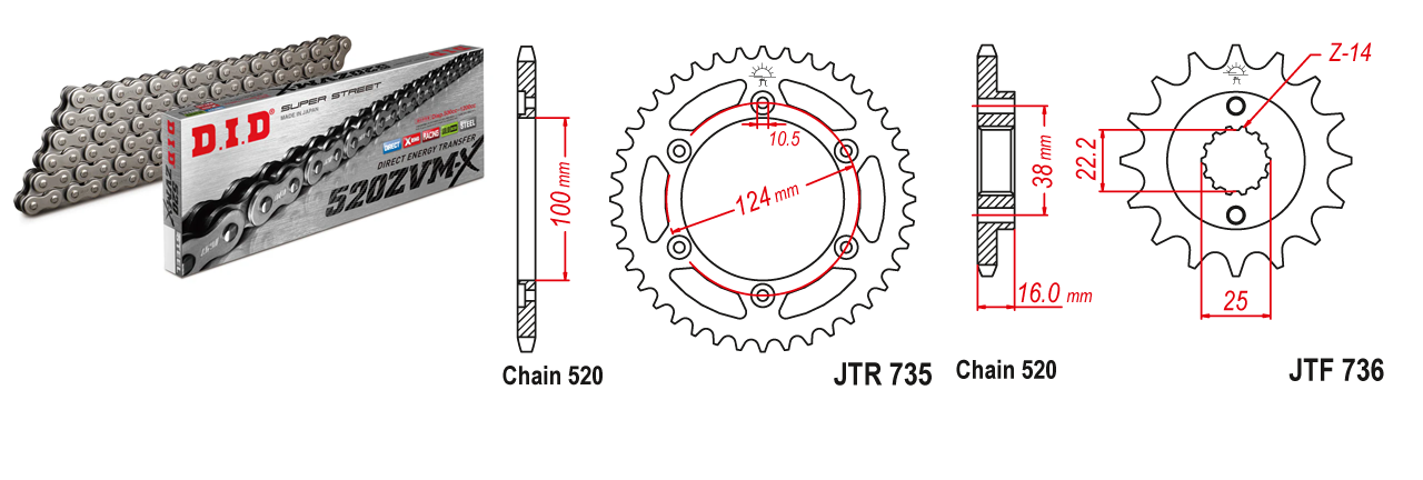 Lánc szett JTF736.15, JTR735.37, DID520ZVMX/098 DID 520-as láccal, 100LE-felett!