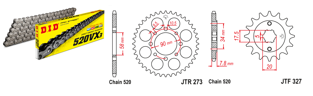 Lánc szett JTF327.14, JTR273.41, DID520VX3/112FB DID 520-as láccal, 100LE-ig! 